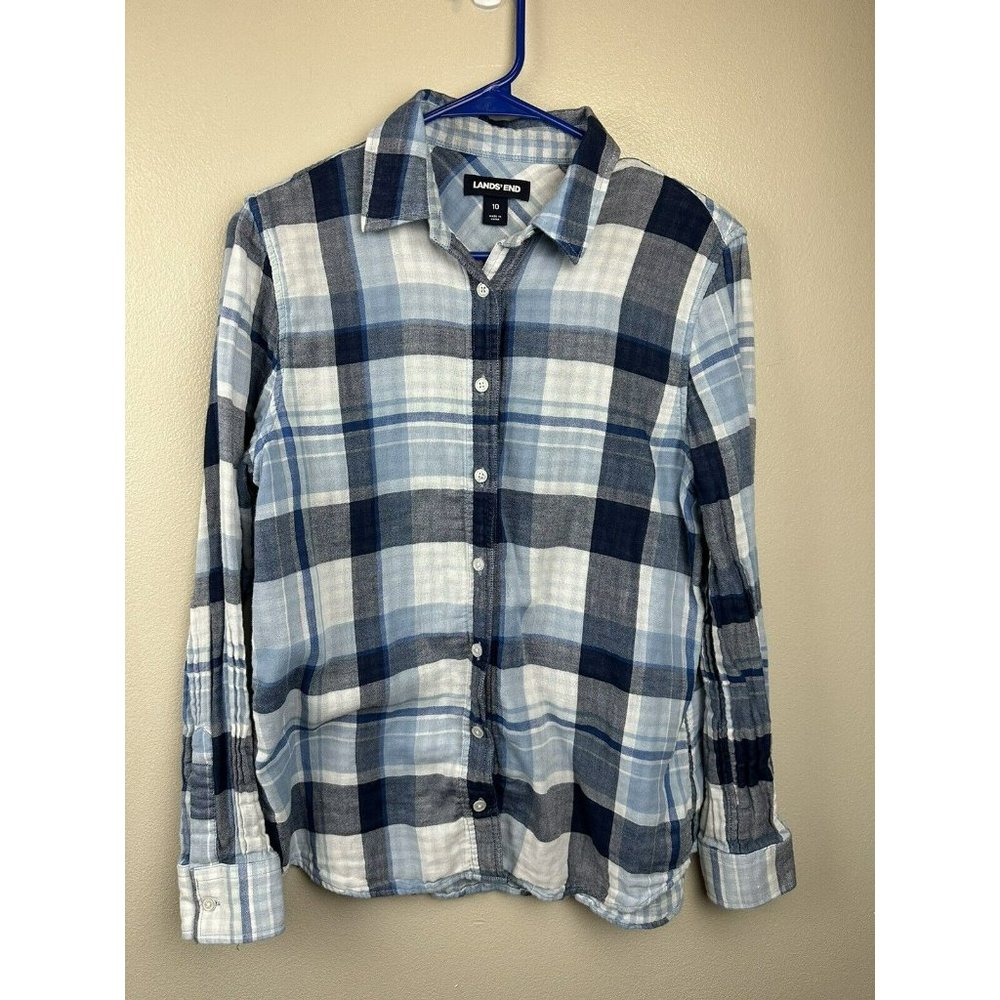 Lands End Women’s Size 10 Plaid Button Up Blouse Blue White